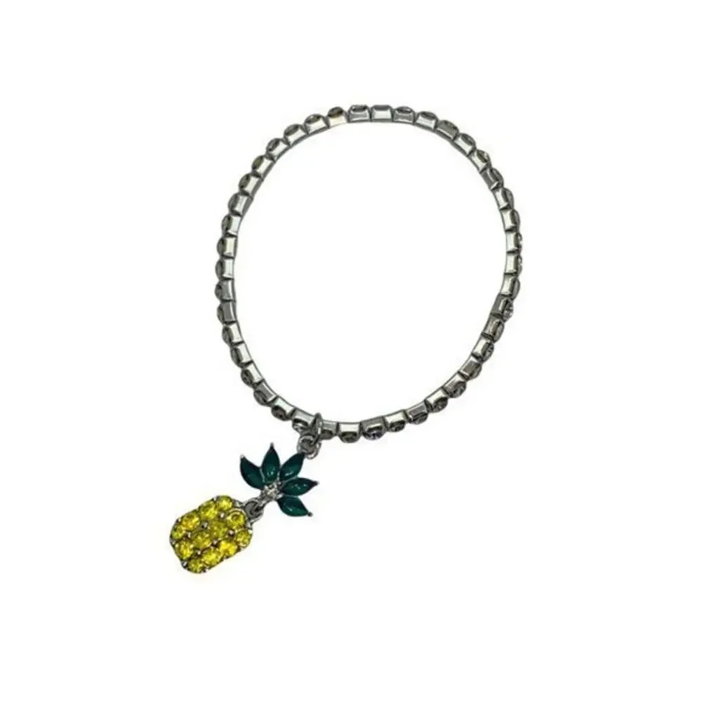New NWT Silver-Tone Green Yellow Pineapple Rhinestone Beaded Stretch Bracelet